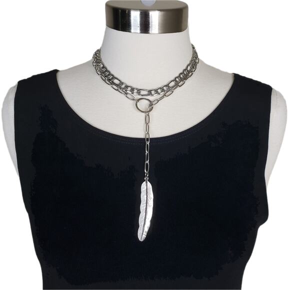 ADORNIA Mixed Chain Feather Lariat Layered Necklace NEW - Picture 1 of 8